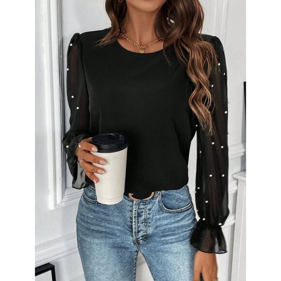 Pearl embellished long sleeve ruffle blouse black - Picture 1 of 2